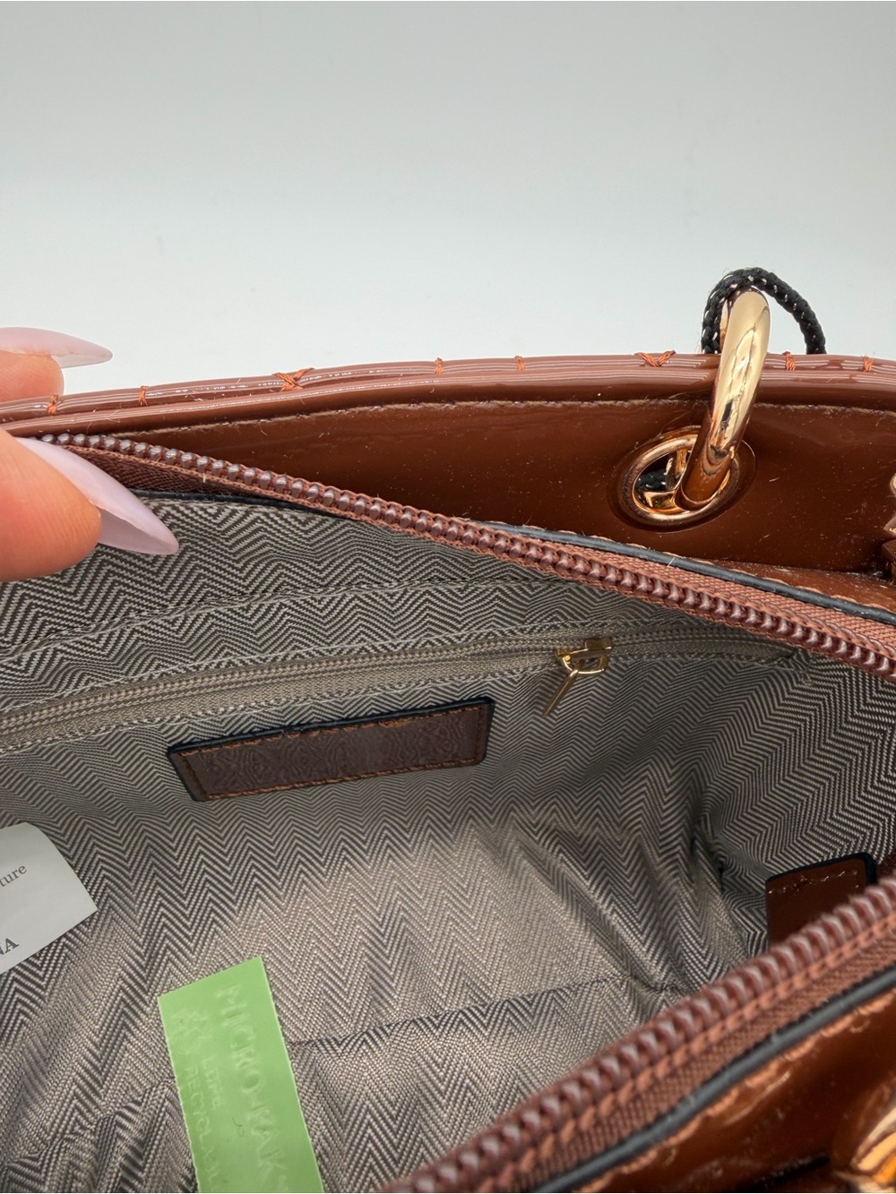 Beautiful, Brown Patent leather mini Bag with Gold Charm - Picture 4 of 15